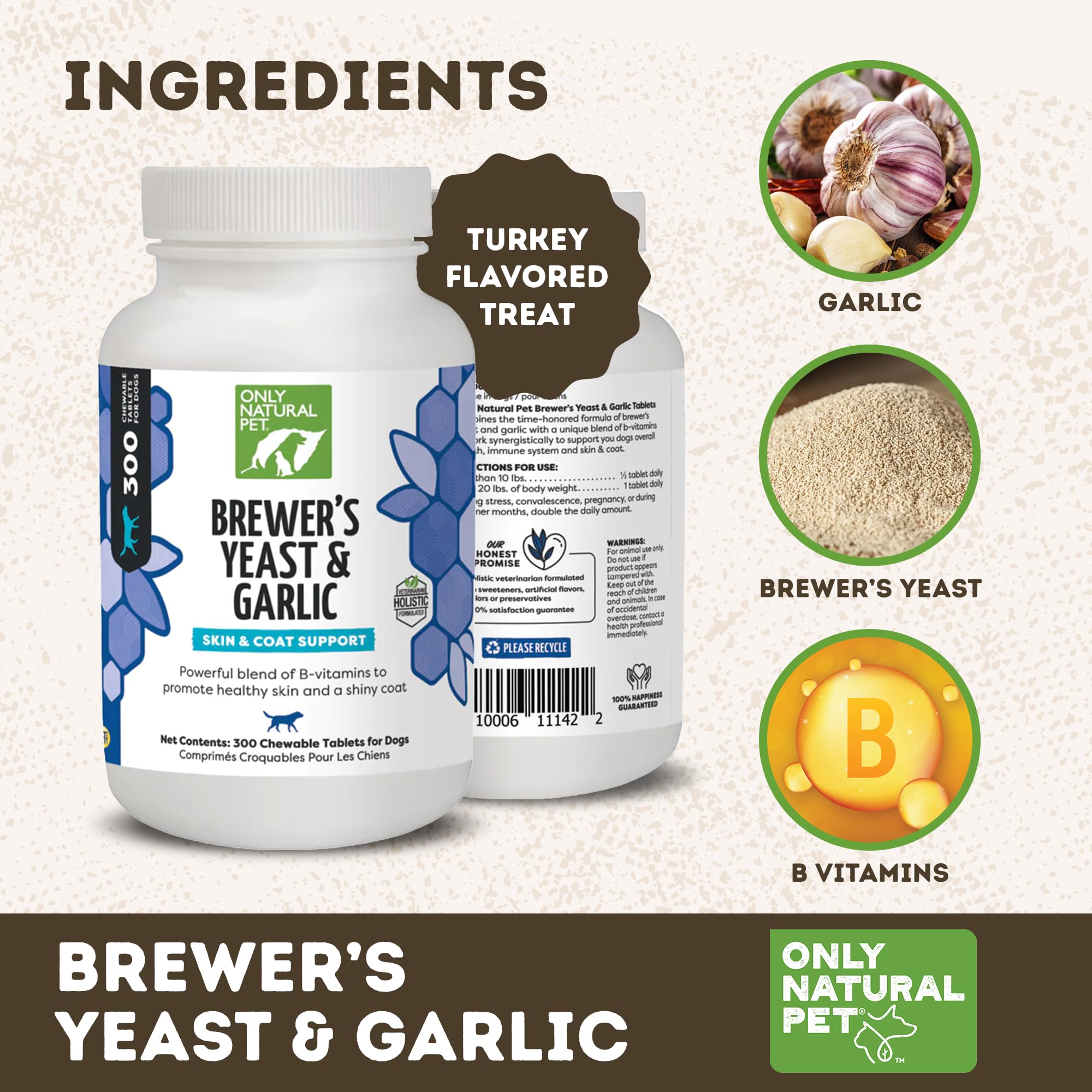 Ingredientes naturales de Only Natural Pet: levadura de cerveza y ajo.