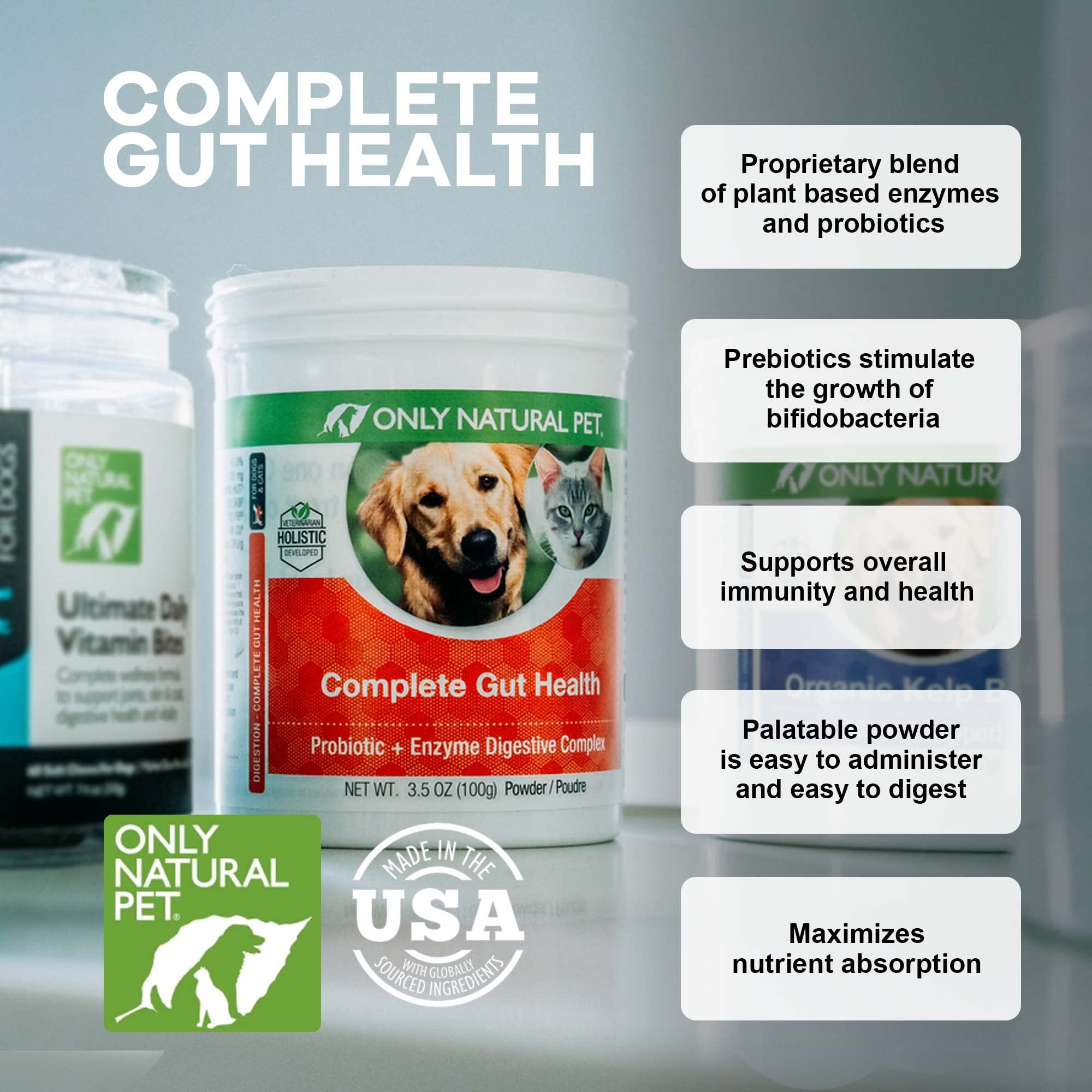 Only Natural Pet Prebioticos en polvo para apoyar flora intestinal.
