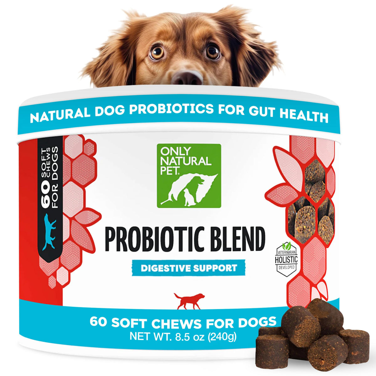 Envase frontal de Only Natural Pet probiótico para perros y gatos, digestión suave.