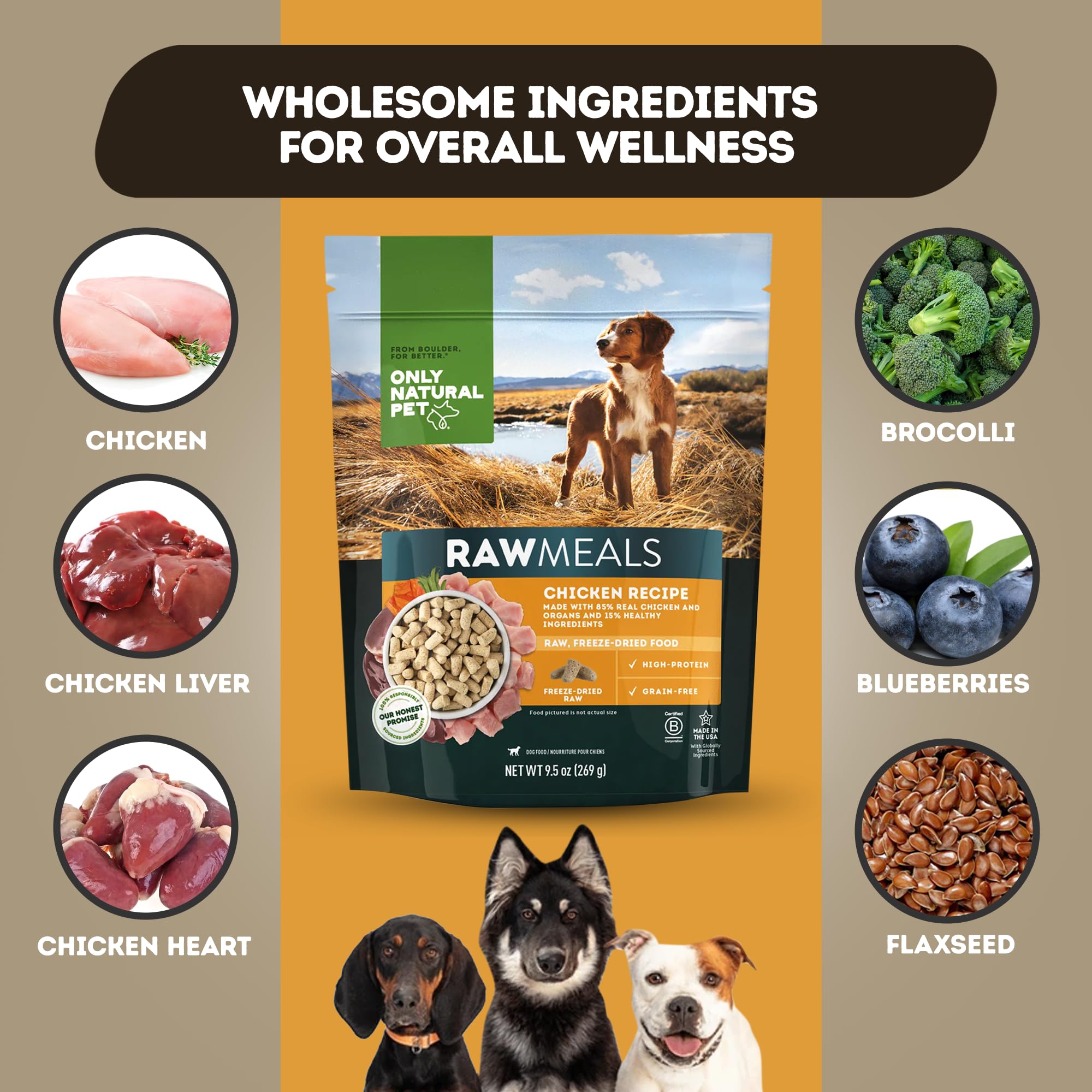 Only Natural Pet RawMeals Receta Pollo: trozos reales y órganos para sabor natural