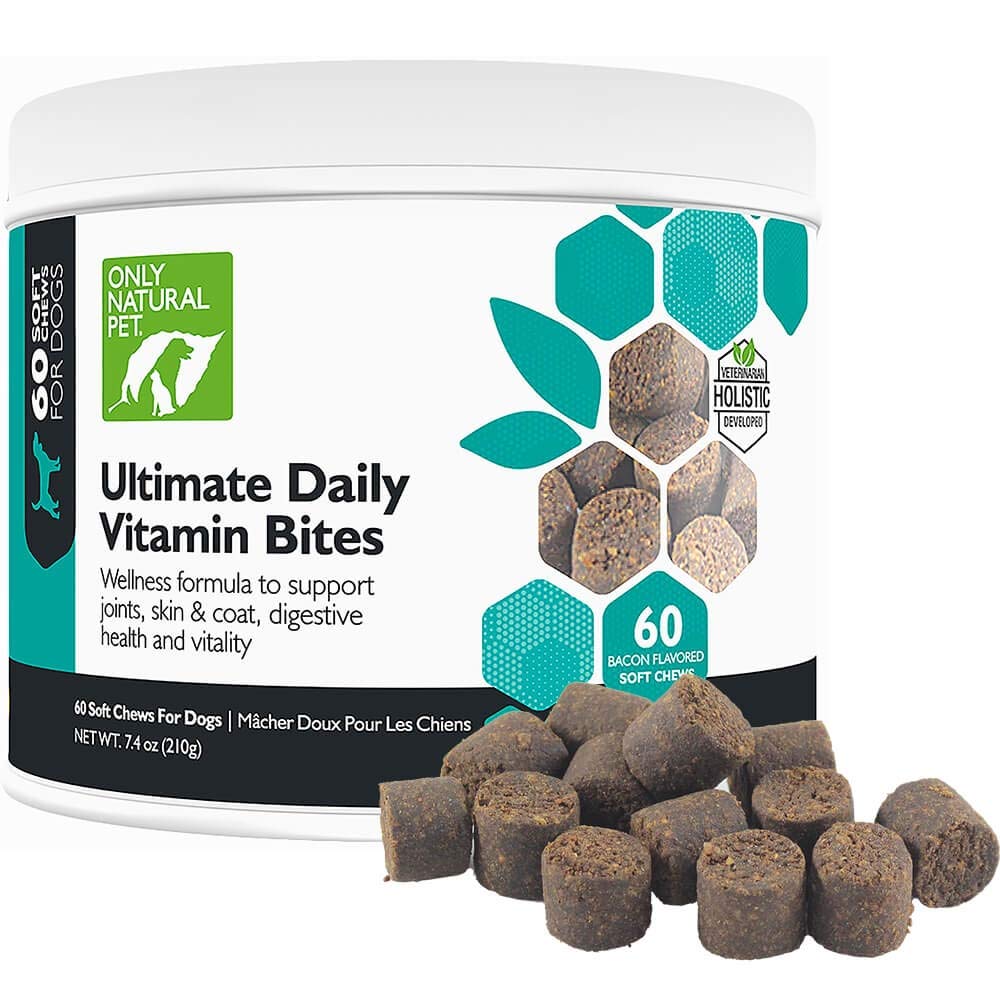 Only Natural Pet Ultimate Daily Vitamins, botella con nutrición integral para perros.