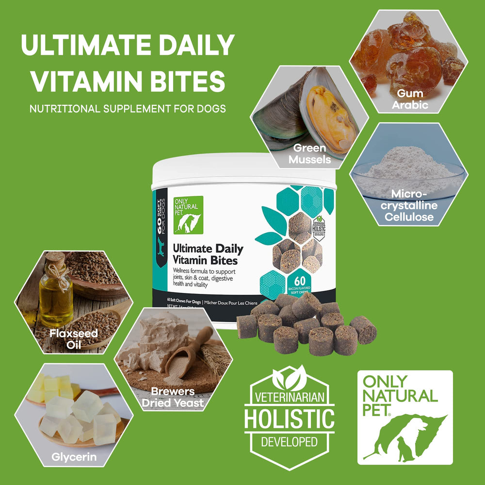 Only Natural Pet Ultimate Daily Vitamins, etiqueta visible con beneficios para la salud canina.