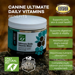 Only Natural Pet Ultimate Daily Vitamins, perro tomando una gomita sabrosa.