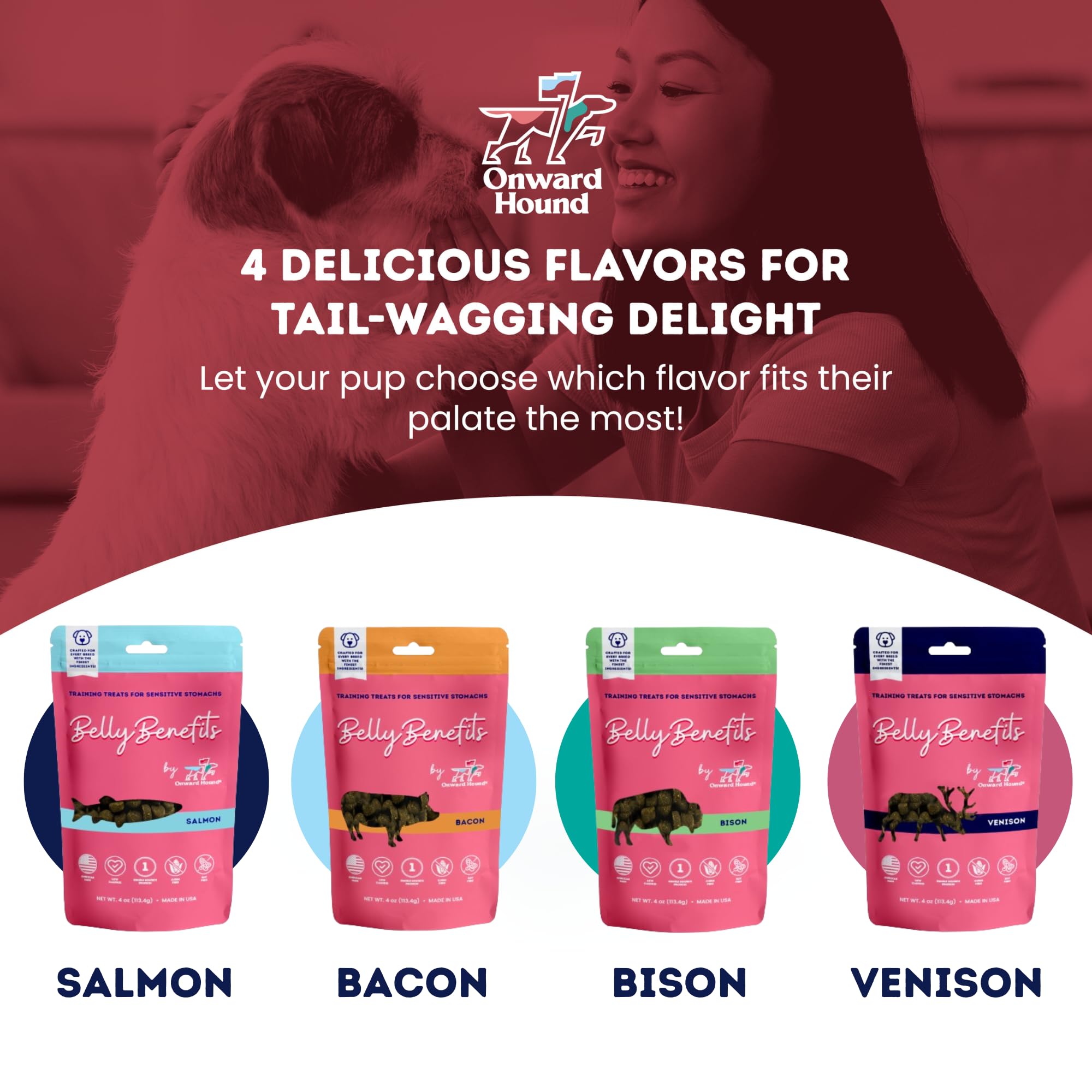 Golosinas Onward Hound salmón en EE. UU. con alta calidad y control de ingredientes.