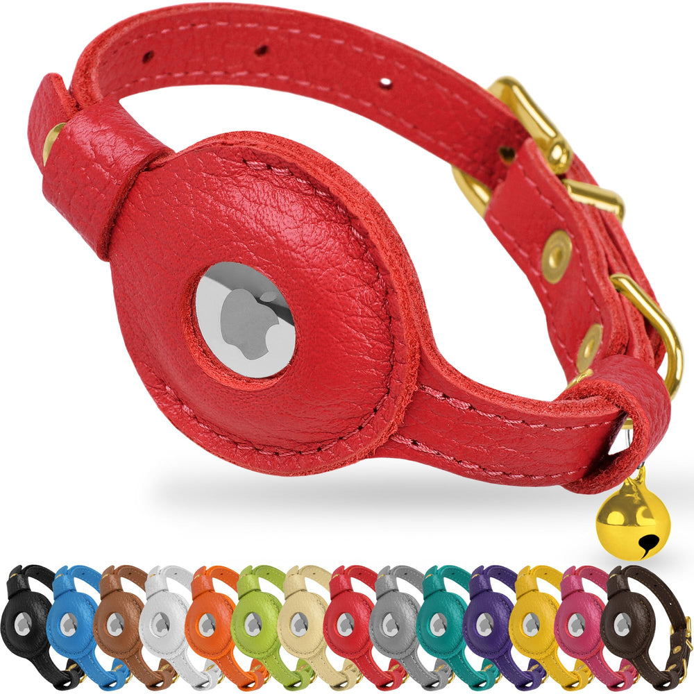 OOPSDOGGY Collar de cuero con AirTag integrado, rojo, vista frontal para mayor seguridad.