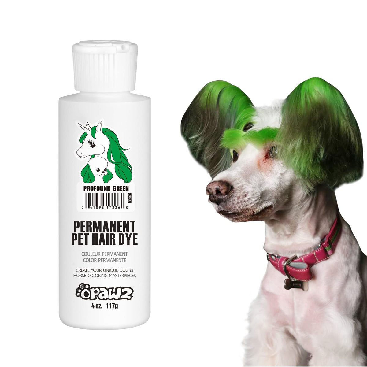 OPAWZ tinte permanente para pelo de perro verde profundo en aplicación, resultado duradero.
