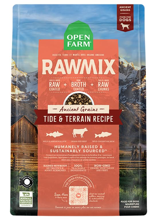 Open Farm abadejo de Alaska y salmón, croquetas con proteína alta para perros activos.