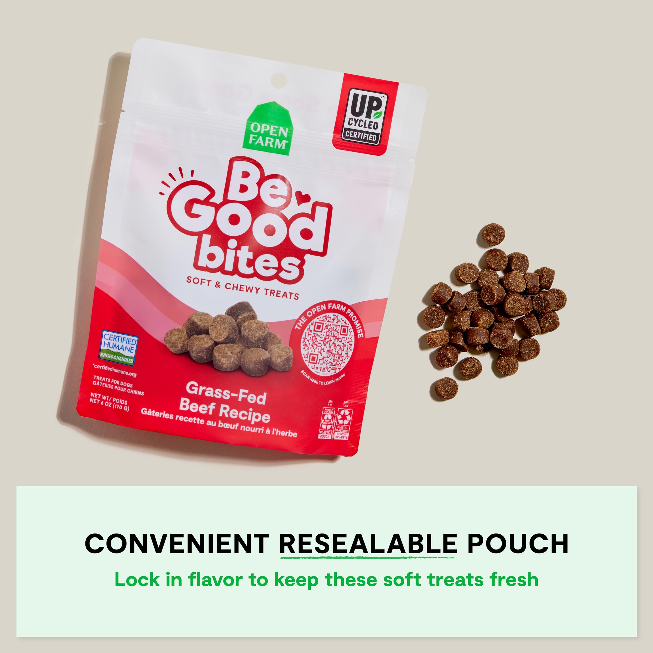 Open Farm Be Good Bites: textura blanda y masticable para perros pequeños.