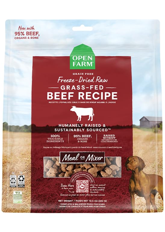 Open Farm Bocados liofilizados 95% carne para perros activos.