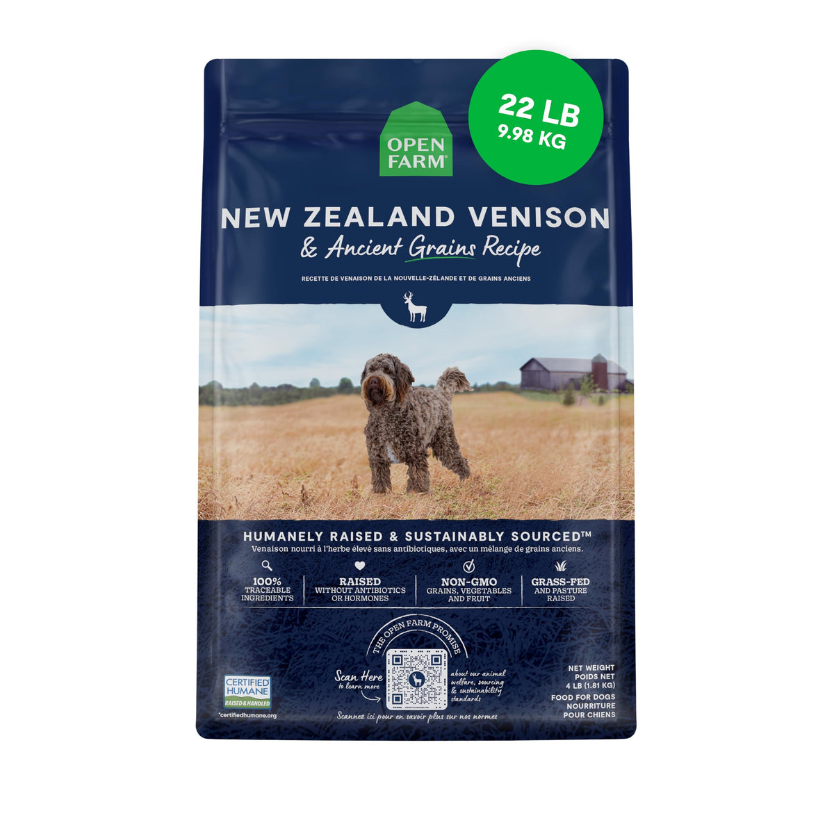 Open Farm Venado Nueva Zelanda, bolsa mostrando granos antiguos para dieta equilibrada