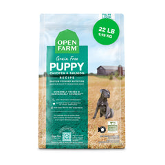 Open Farm cachorros sin granos con salmón y pollo para crecimiento saludable.
