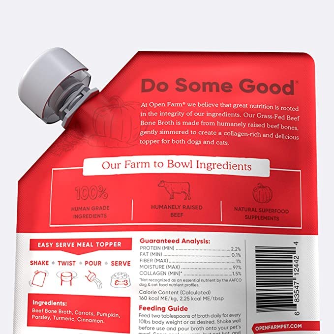 Open Farm Caldo de Huesos, bolsa transparente, trazabilidad de origen para mayor confianza.