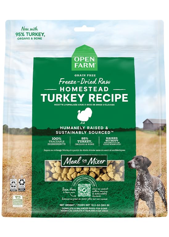Open Farm comida para perros liofilizada pavo bolsa, práctica para viajes y servicio rápido.