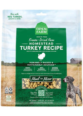 Open Farm comida para perros liofilizada pavo bolsa, práctica para viajes y servicio rápido.