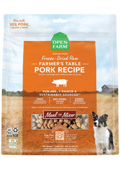 Open Farm deshidratado frío carne cerdo, proteína principal para perros con nutrición equilibrada.