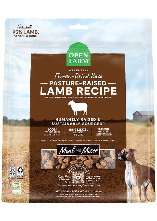 Empaque de Open Farm para perros, práctico y portátil.