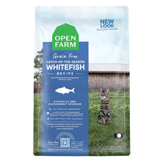 Open Farm gato sin grano con pescado blanco de temporada, opción sabrosa y completa.