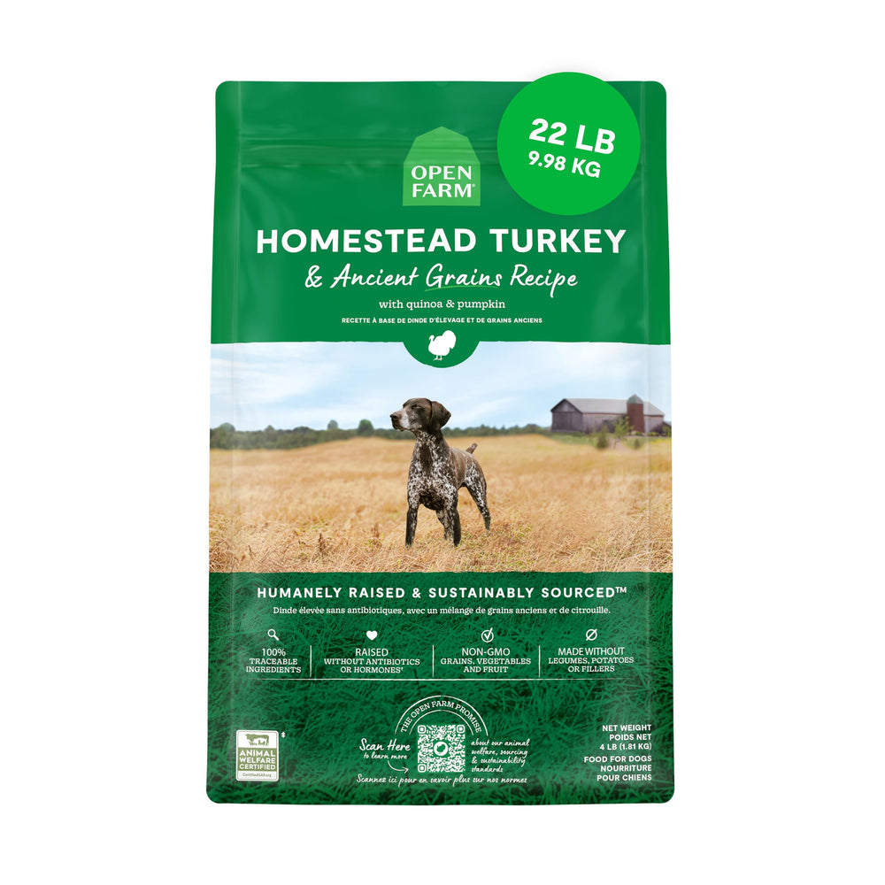 Open Farm grano antiguo para perro seco, proteína alta y digestión suave.