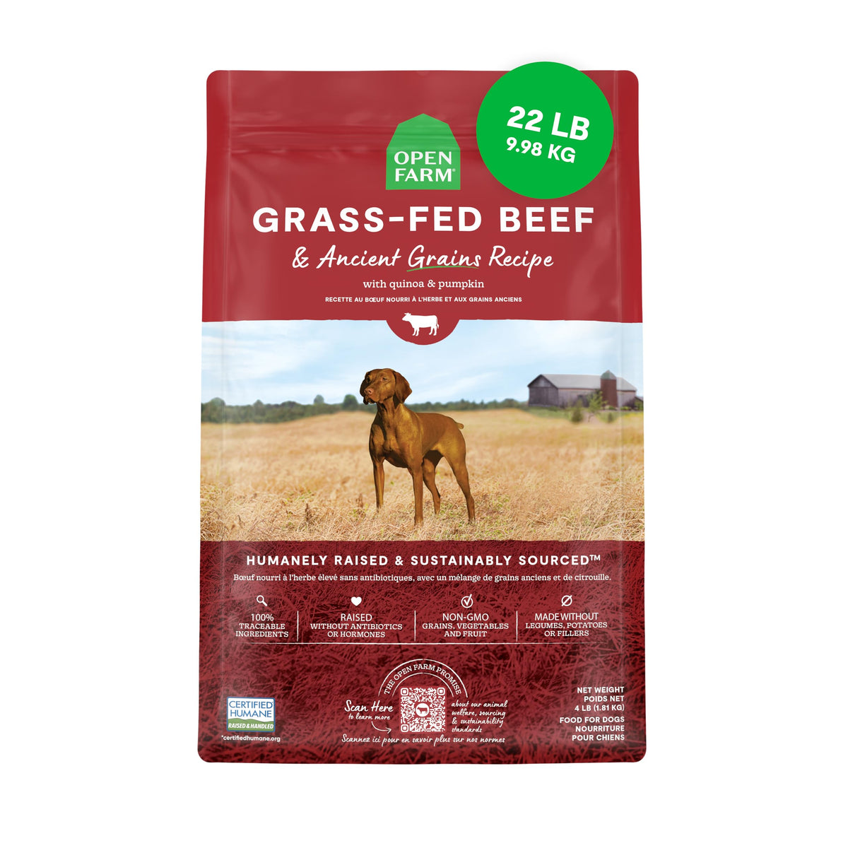 Open Farm: bolsa de 22 lb con granos antiguos y res alimentada con pasto.