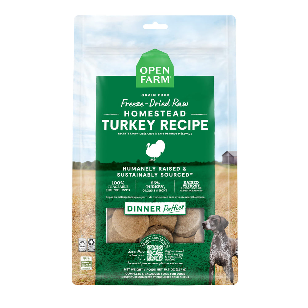 Open Farm hamburguesa liofilizada para perro de pavo, sabor intenso y proteína alta