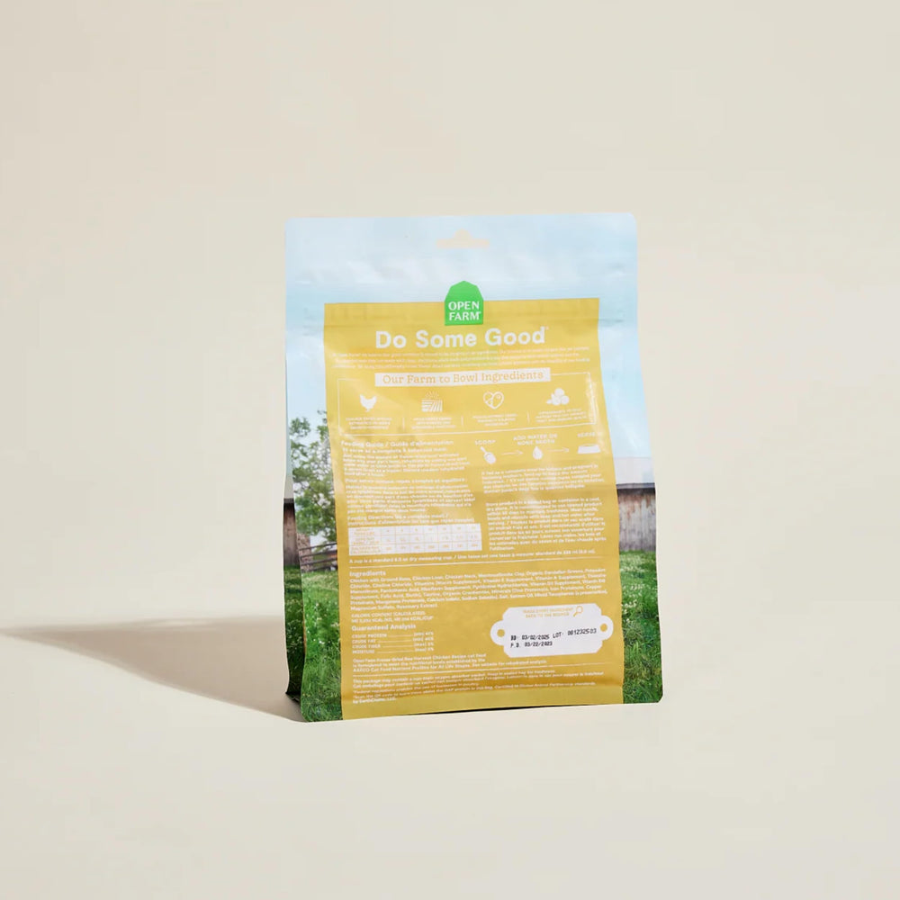 Open Farm Harvest Chicken Morsels etiqueta con número de lote para trazabilidad