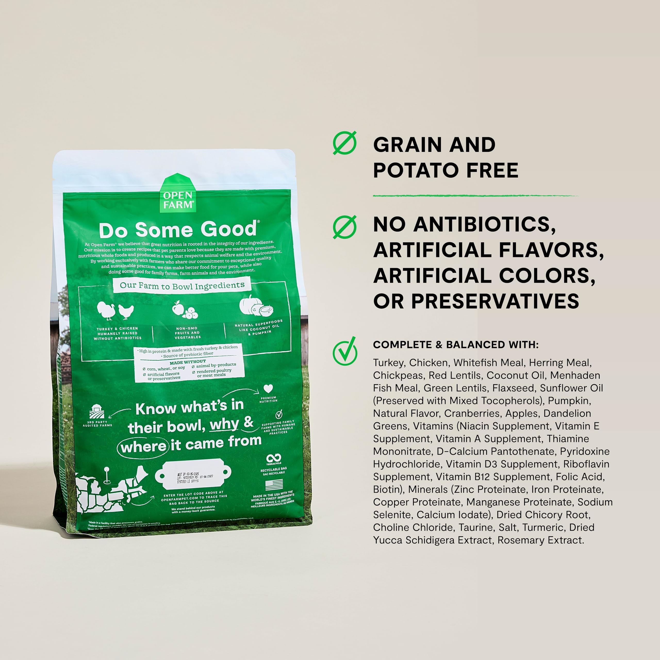 Open Farm ingredientes rastreados, trazabilidad a origen de cada componente.