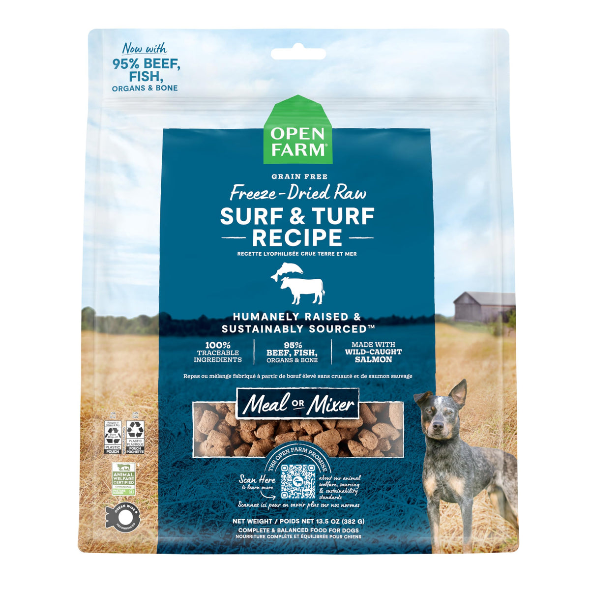 Open Farm mordiscos 95% carne-organos-hueso, snack proteico para perros activos.