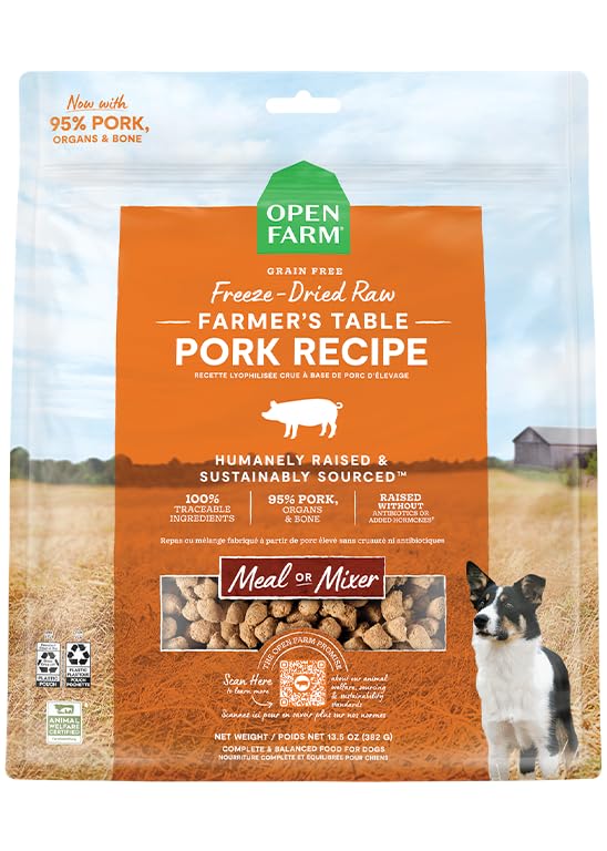 Open Farm mordiscos cerdo 95% carne, sabor intenso para perros activos.