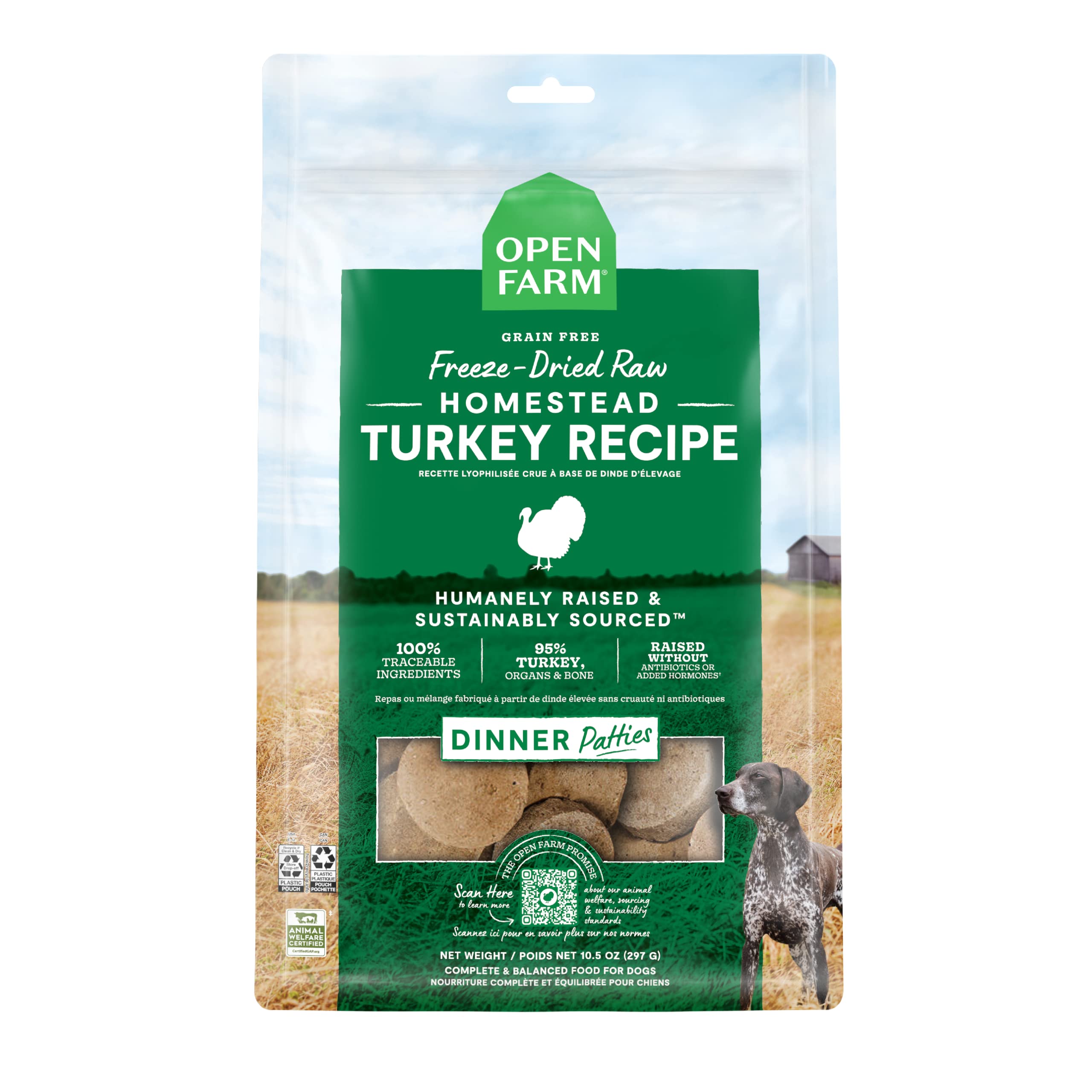 Open Farm patitas crudas liofilizadas de pavo en envase, lista para alimentar.