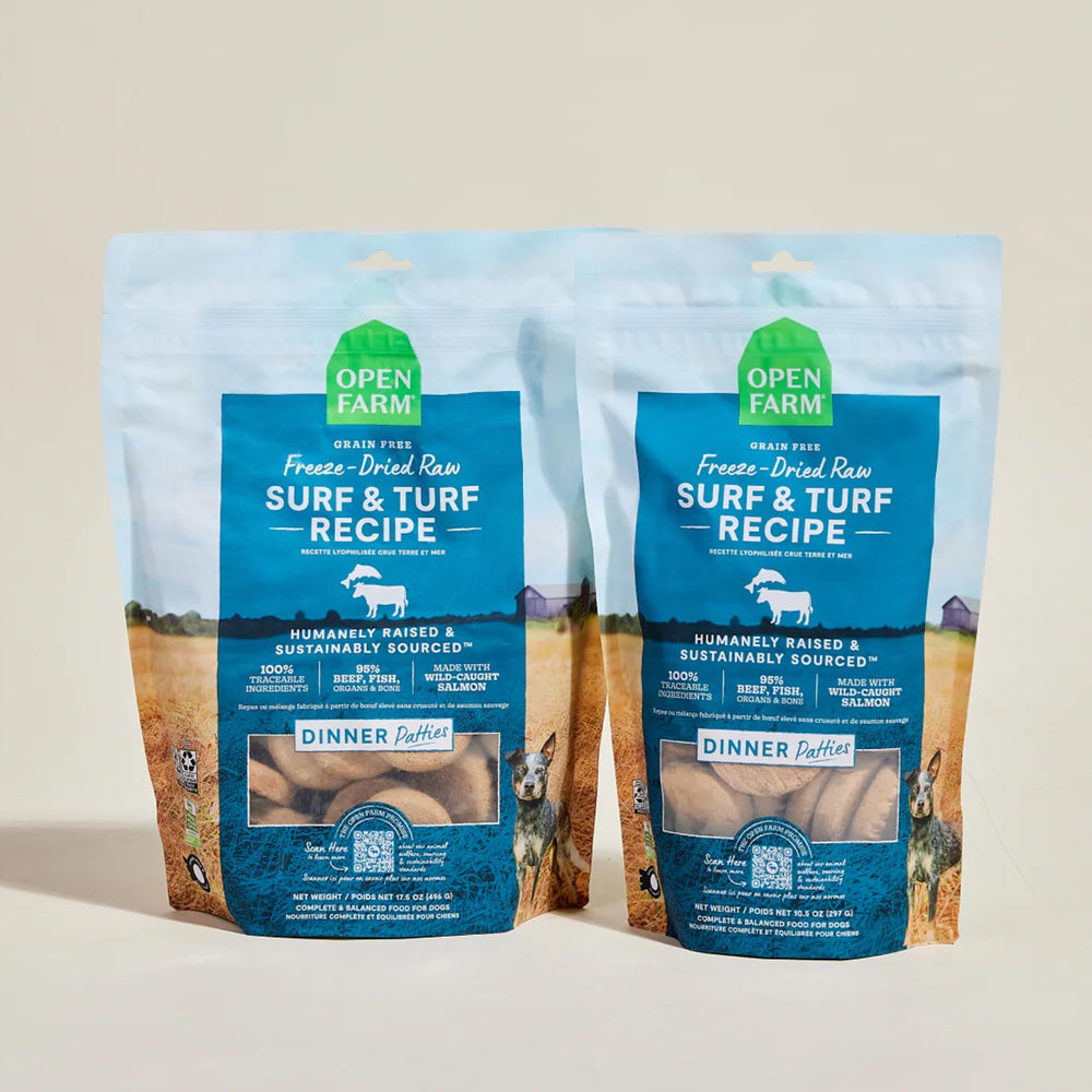 Open Farm patty cena para perros de todas las tallas.