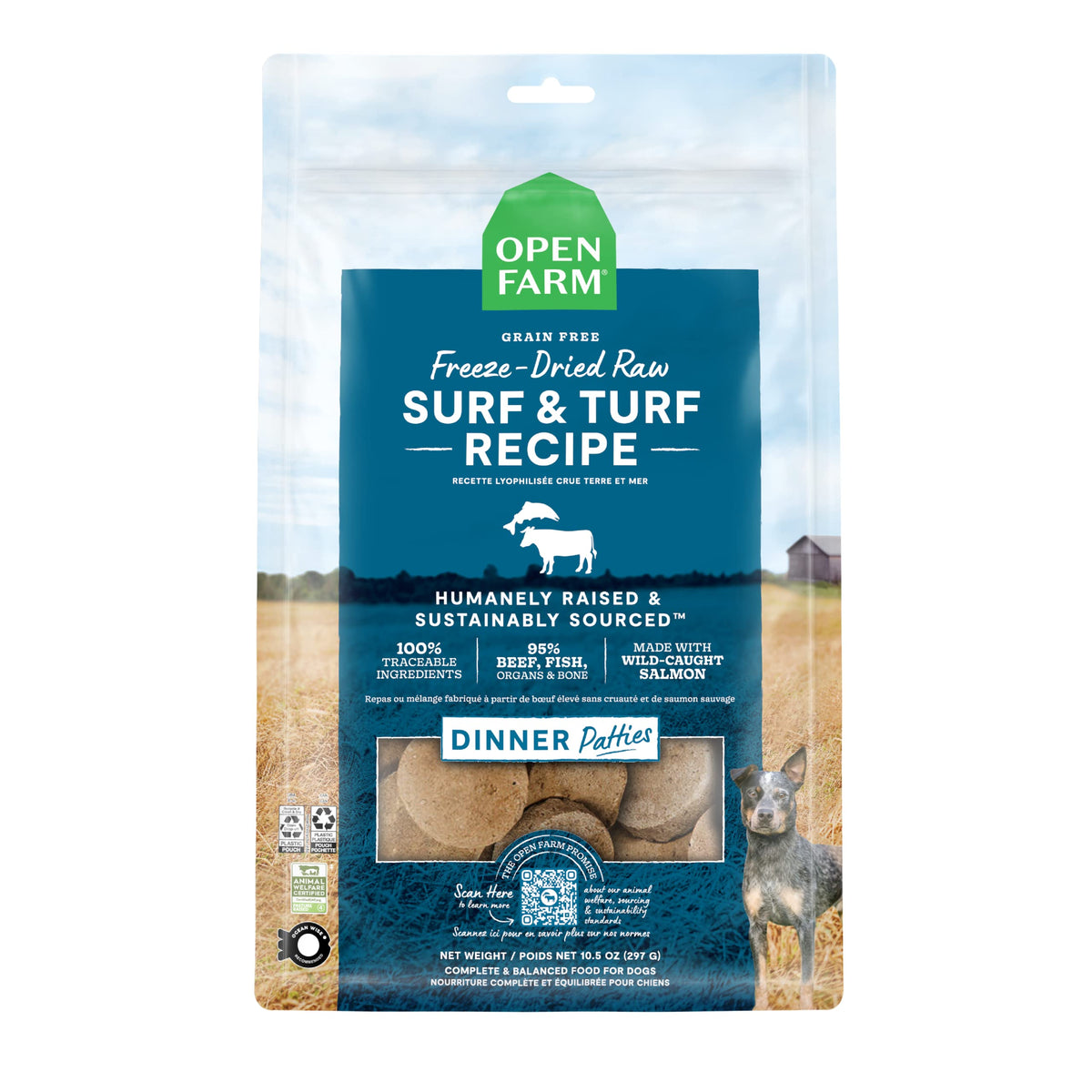 Open Farm patty crudo 95% para perro, sabor intenso y completo.