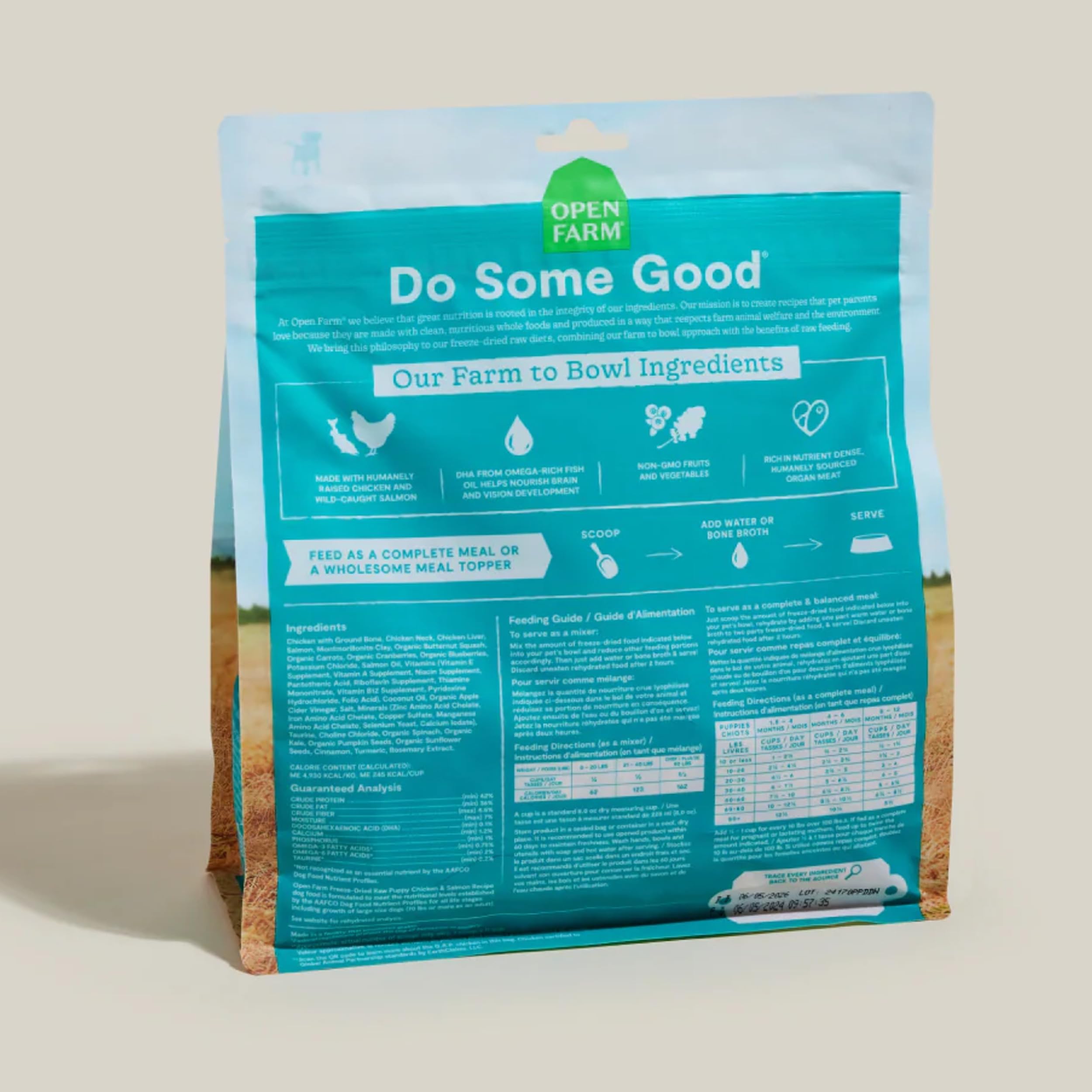 Open Farm Puppy Morsels: DHA de salmón para desarrollo cerebral.
