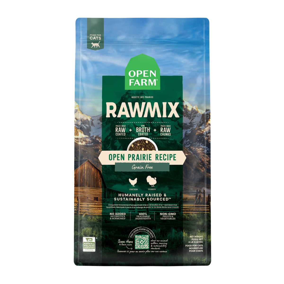 Open Farm RawMix, alimento seco para gatos con caldo de hueso, textura sabrosa y crujiente.