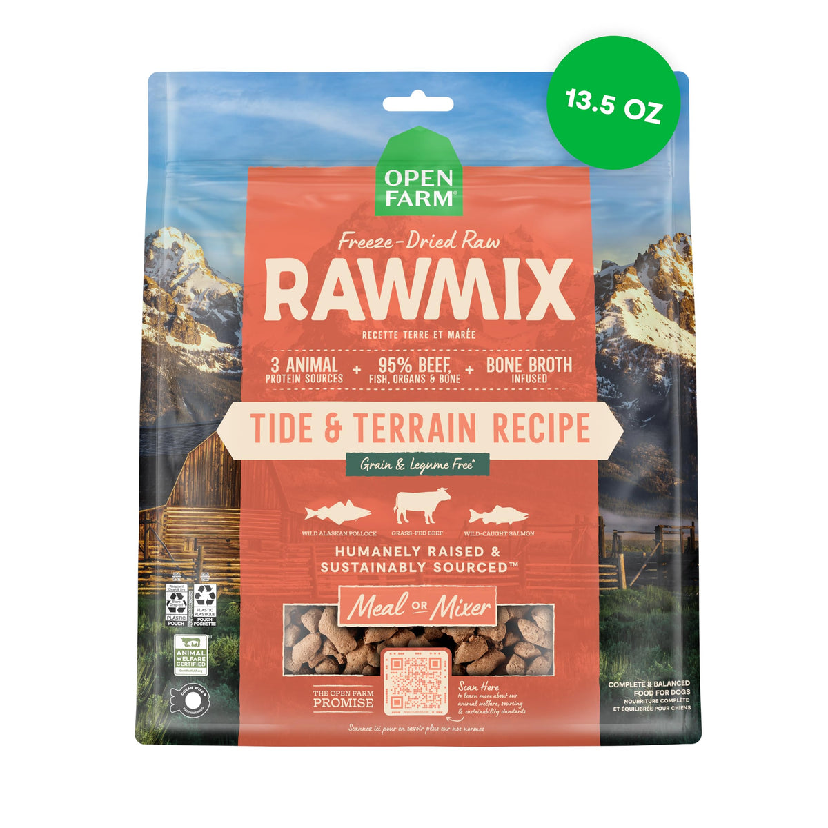 Open Farm RawMix: trozos crudos liofilizados de pescado y carne para realzar sabor y nutrición.