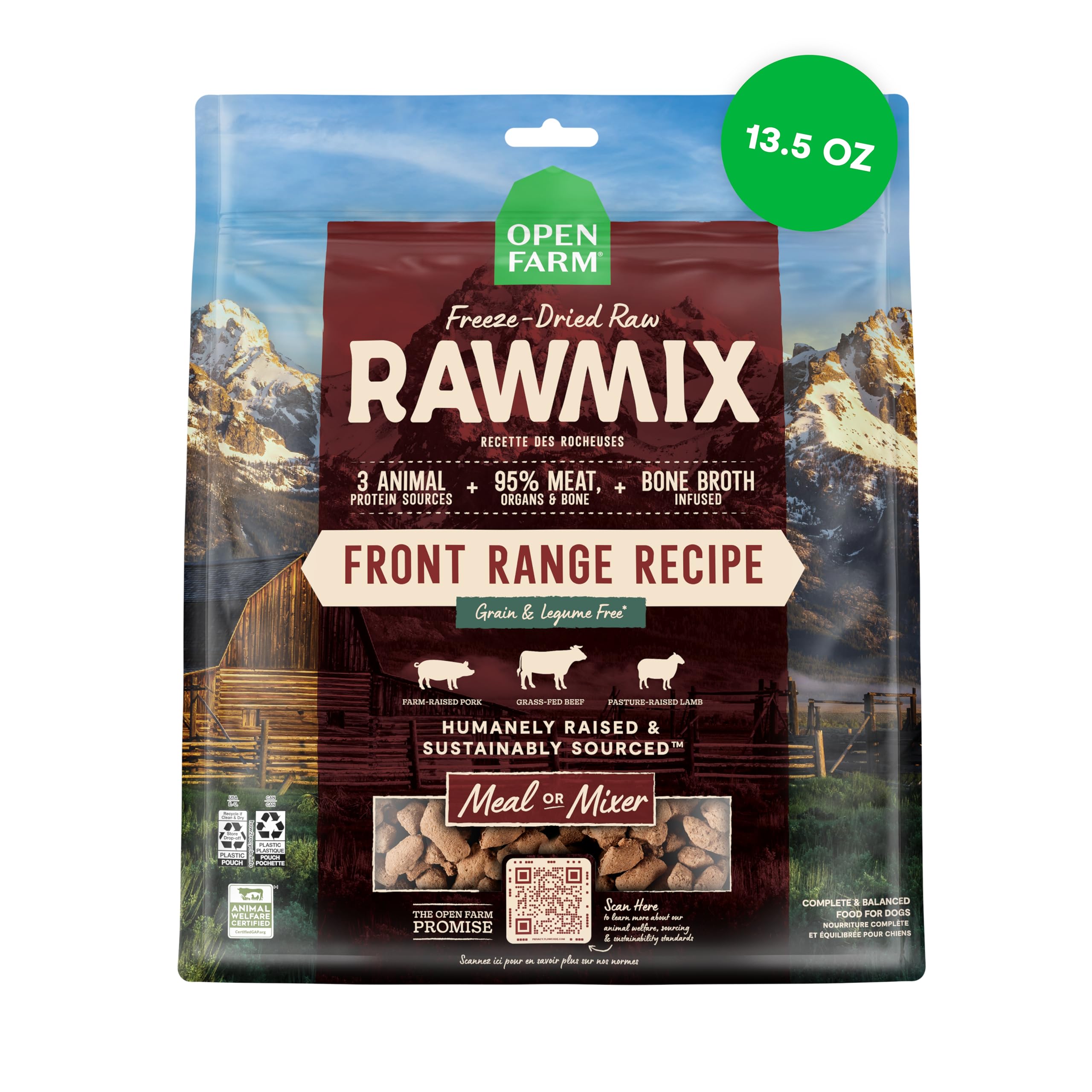 Open Farm RawMix Morsels: empaque frontal, lista para introducir en la comida diaria.