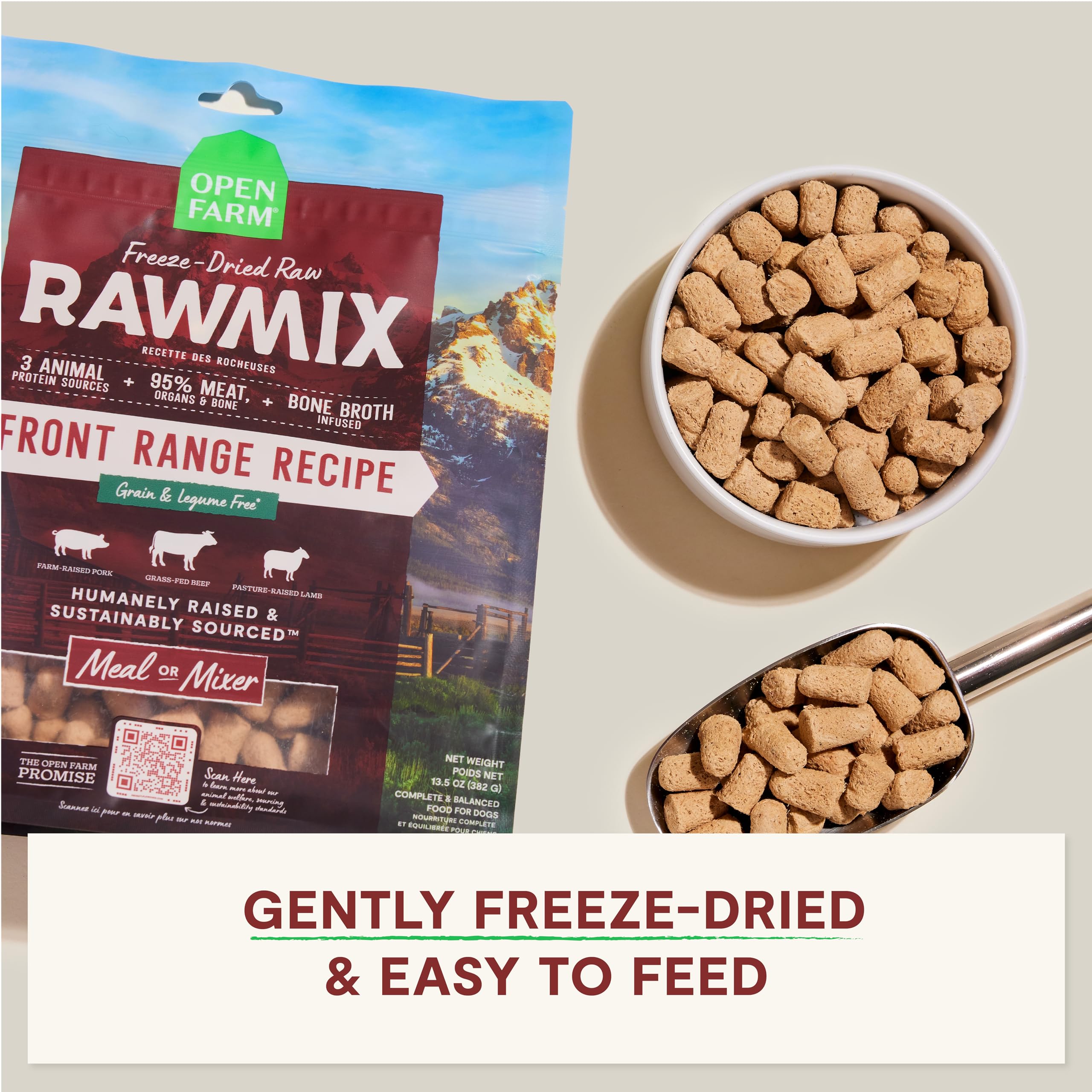 Open Farm RawMix Morsels: ingredientes clave, 95% carne real y órganos para una nutrición rica.