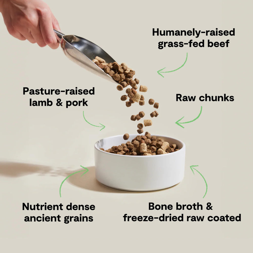 Open Farm RawMix, etiqueta con granos antiguos, fuente de carbohidratos naturales