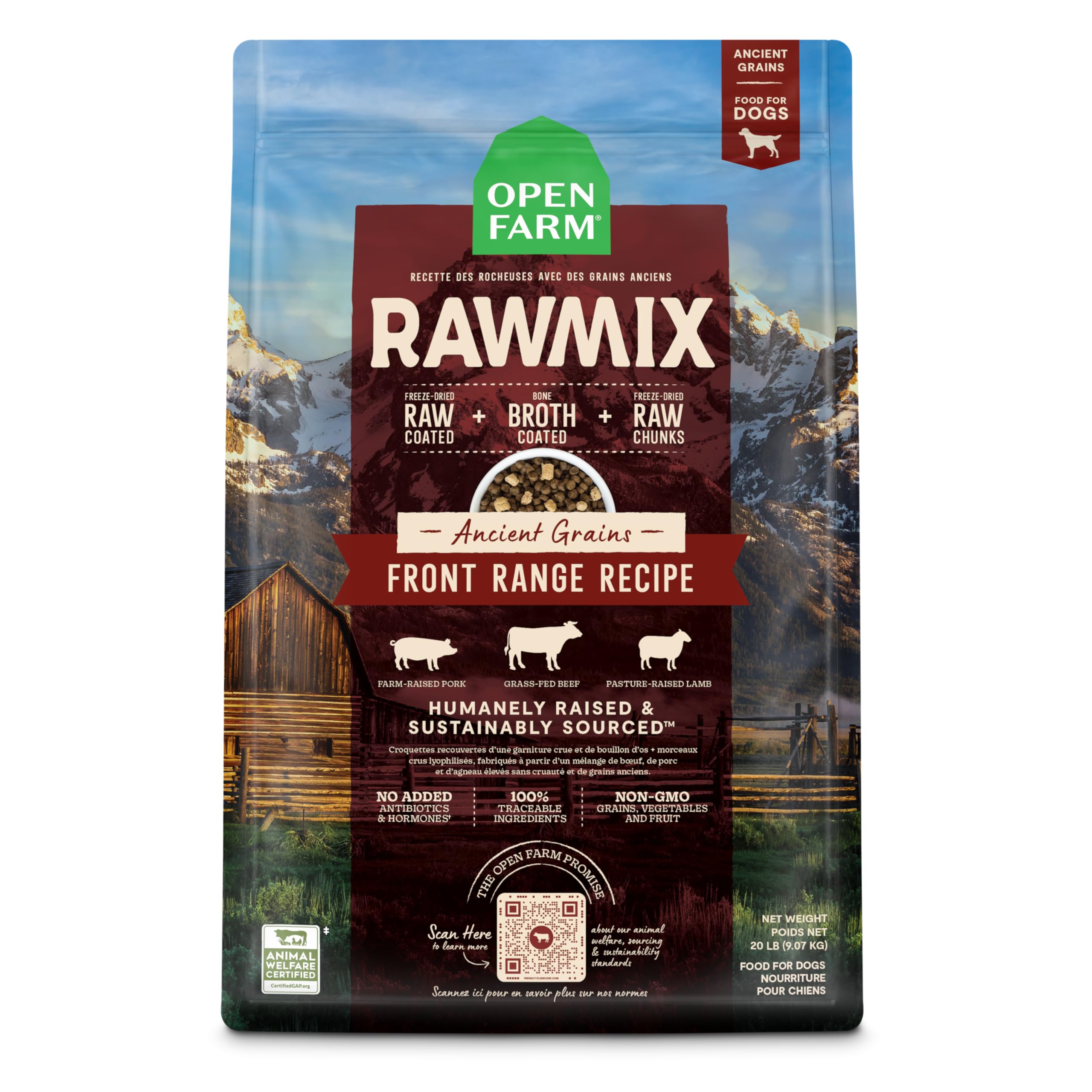 Open Farm RawMix, bolsa de 20 lb frente, proteína balanceada para perros activos