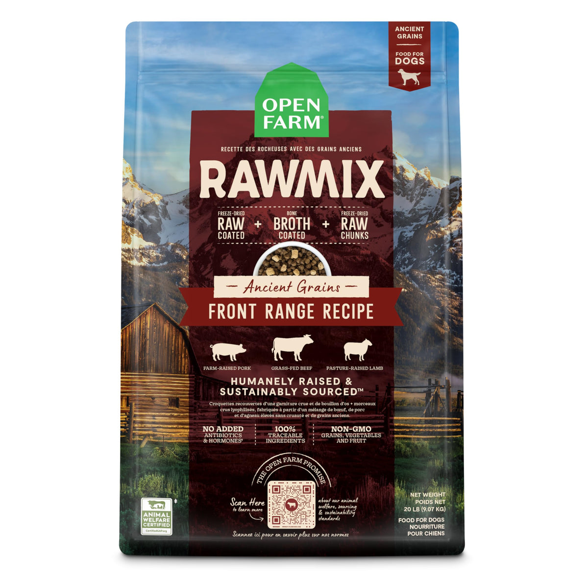 Open Farm RawMix, bolsa de 20 lb frente, proteína balanceada para perros activos
