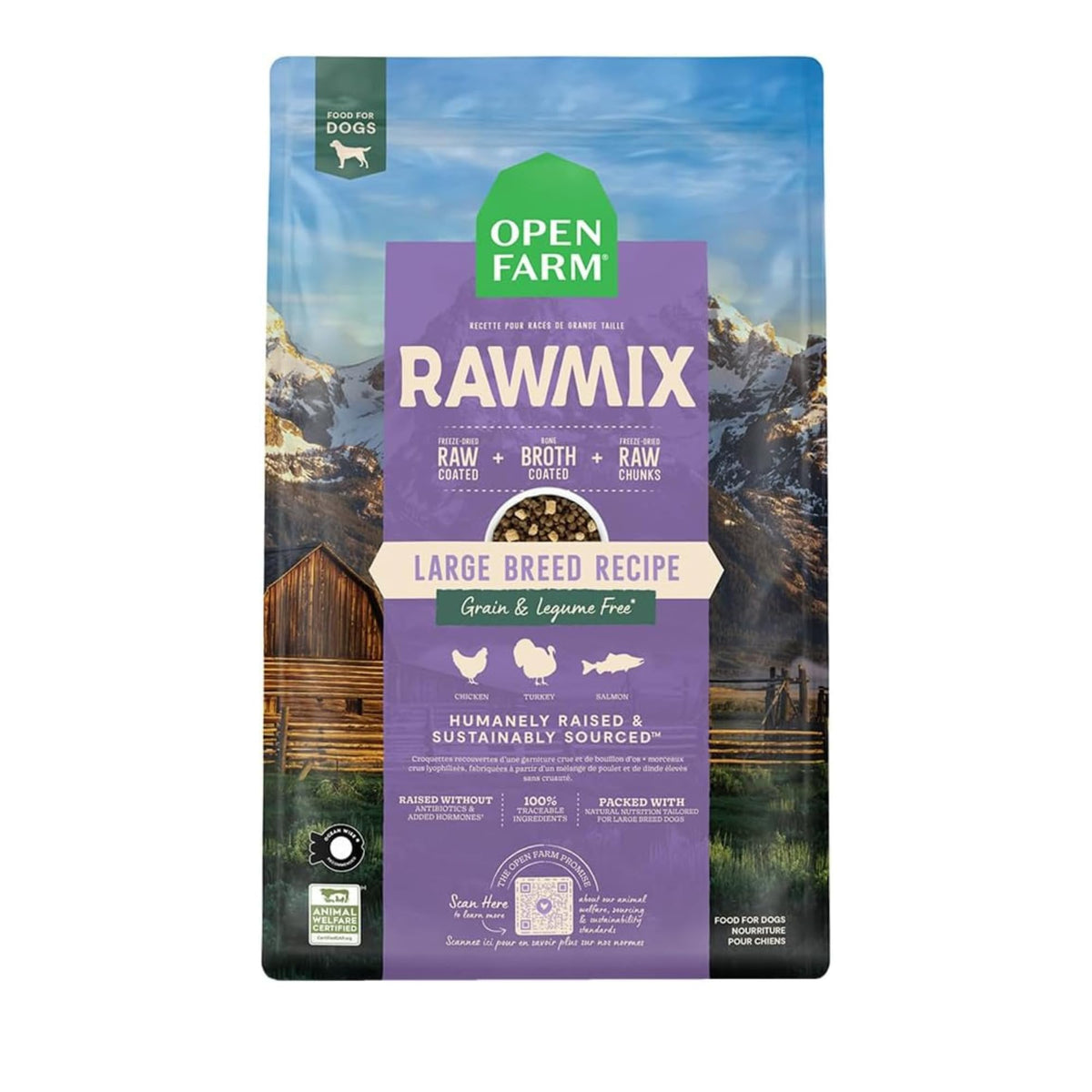 Open Farm RawMix para perros grandes, bolsa de 20 libras, nutrición sin granos de alta proteína.