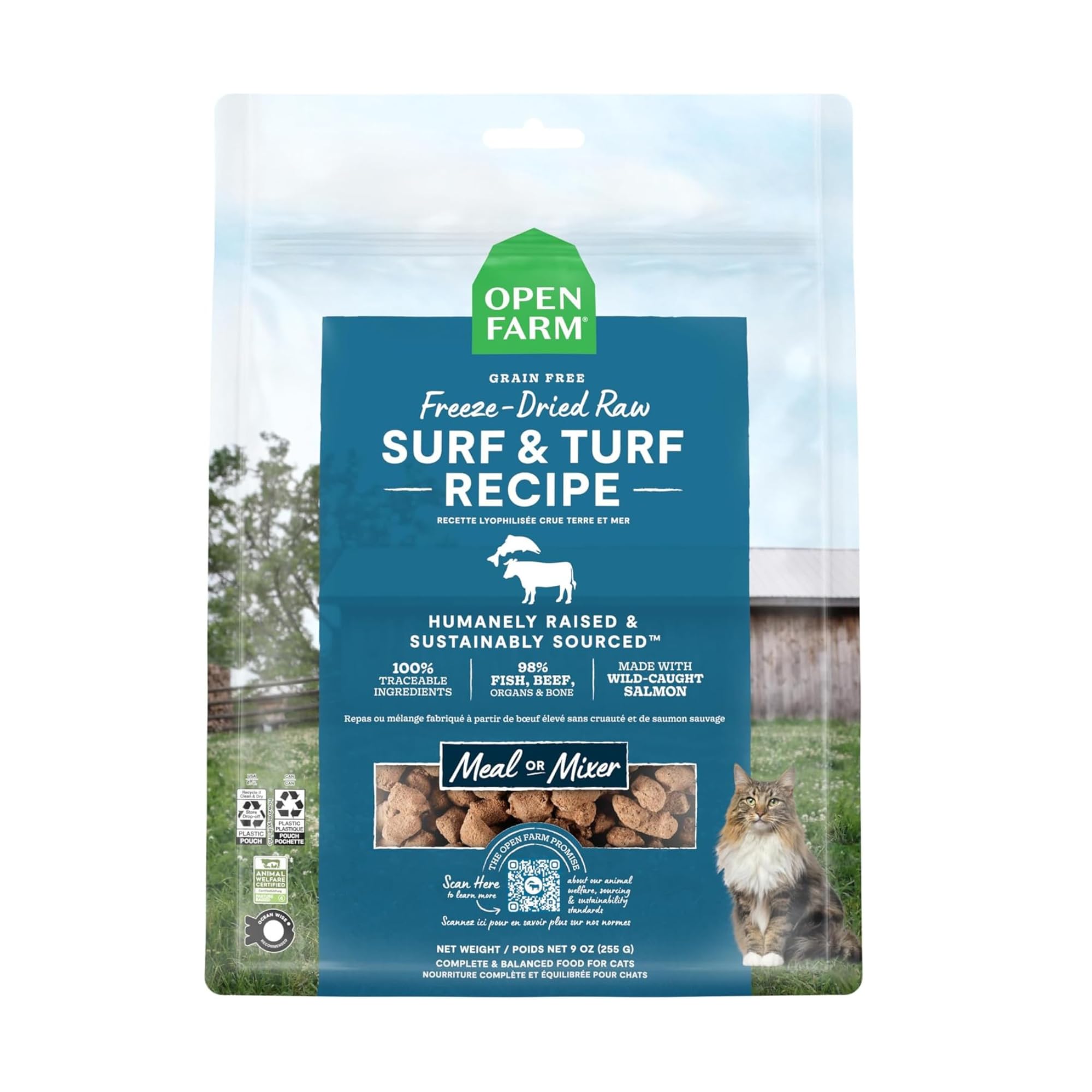 Open Farm Surf y Turf: empaque principal, mordiscos liofilizados para gatos, sabor y nutrición equilibrada