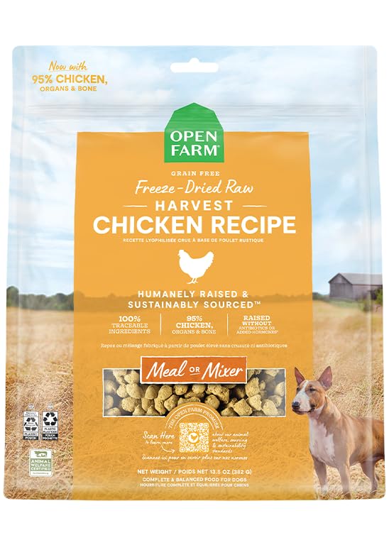 Open Farm trozos liofilizados de pollo para perros, sabor intenso y proteína alta.