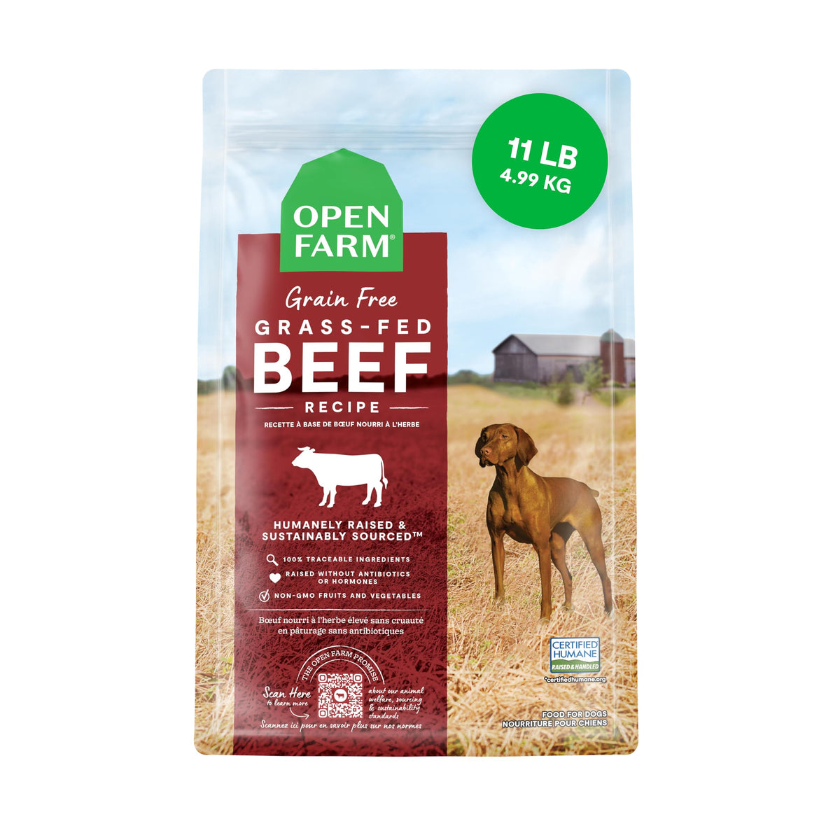 Open Farm bolsa de alimento para perros sin granos, fácil de almacenar.