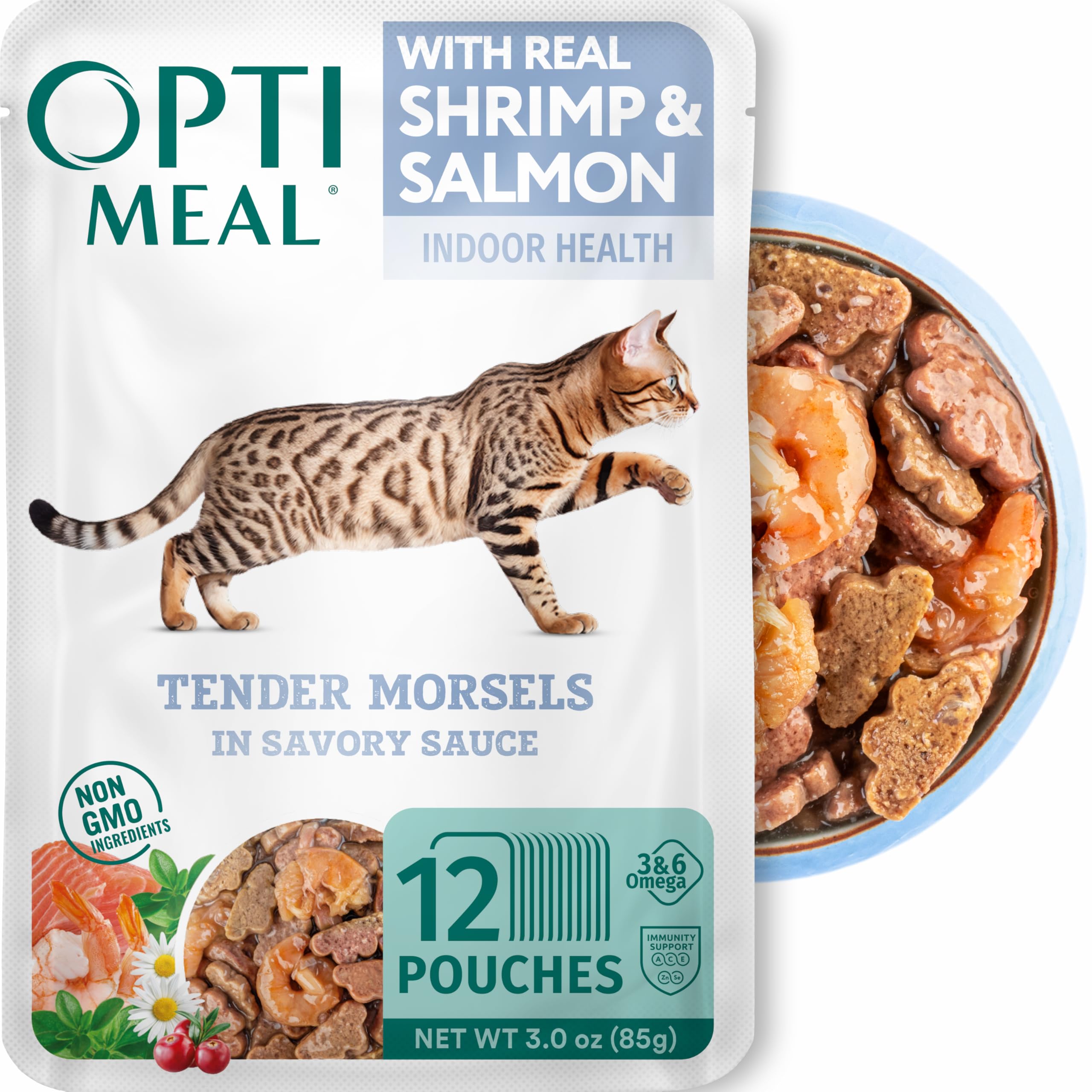 Optimeal camarones y salmón en salsa sabrosa; proteína de alta calidad para gatos adultos.
