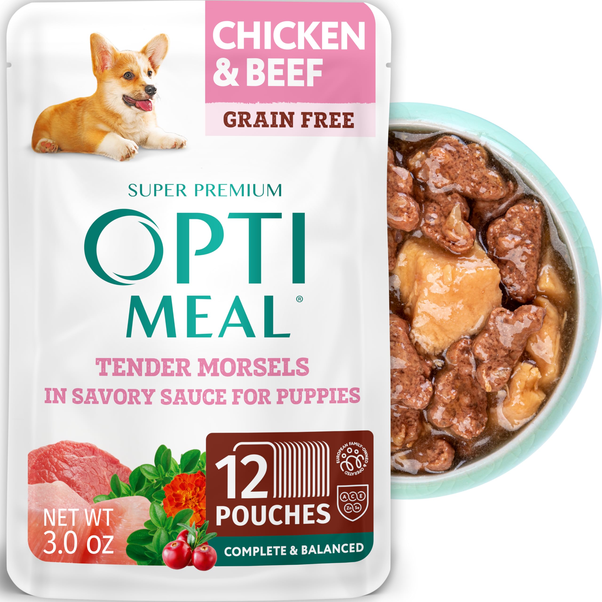 Sobres húmedos para cachorros Optimeal con salsa, porción práctica.