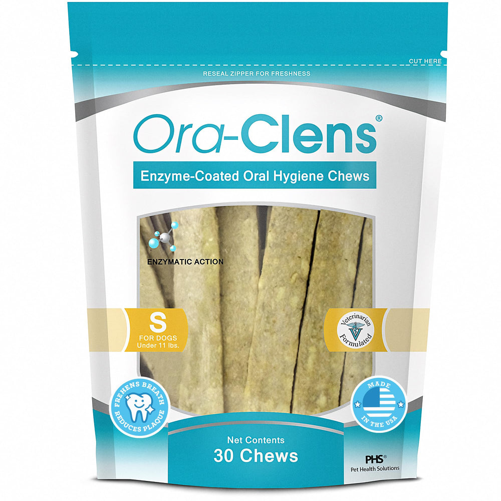 Ora-Clens higiene oral para perros pequeños, masticables que ayudan a limpiar dientes.