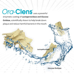 Ora-Clens masticables enzimáticos con enfoque en dientes para limpieza suave.