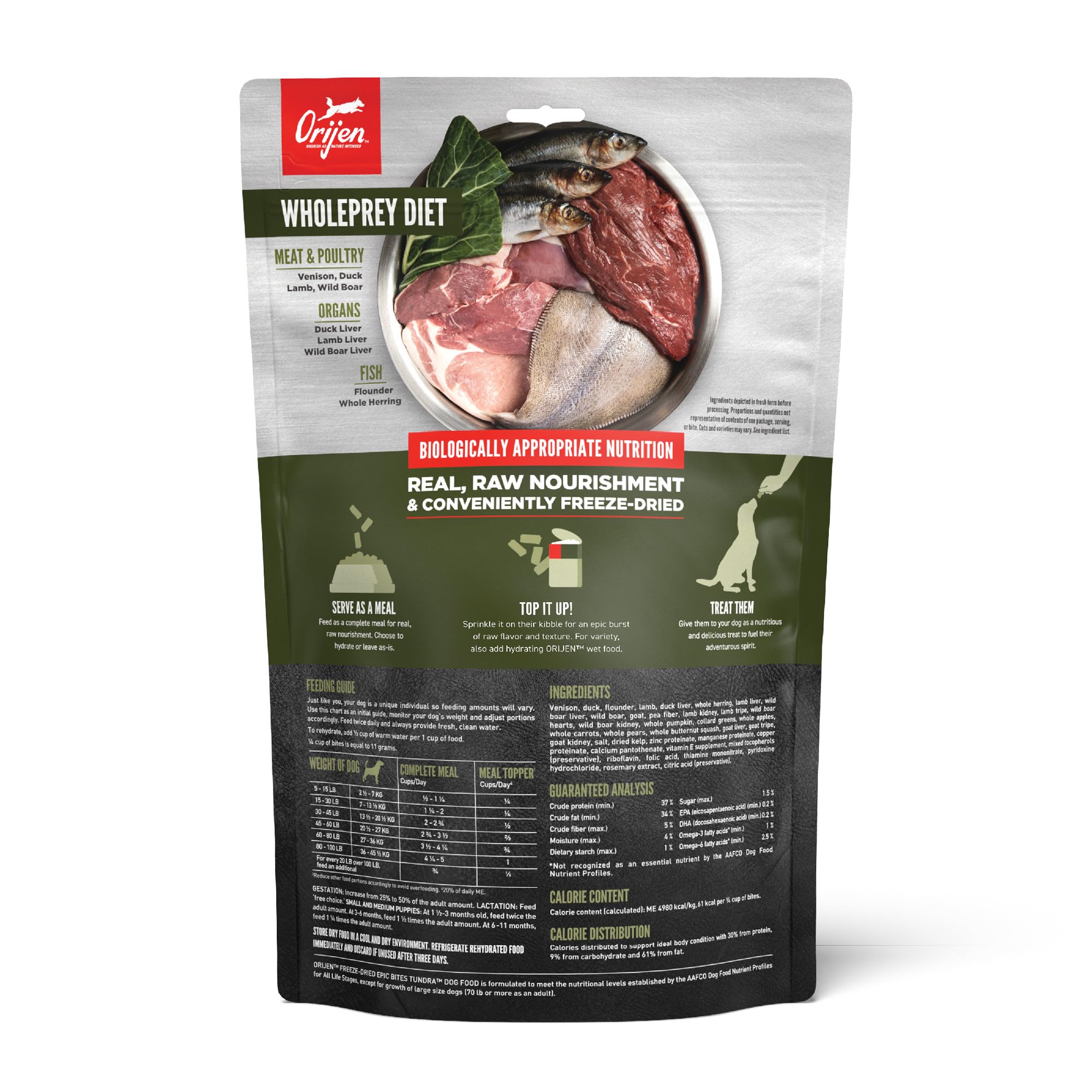 ORIJEN Epic Bites Tundra, ingredientes crudos para proteína diaria.
