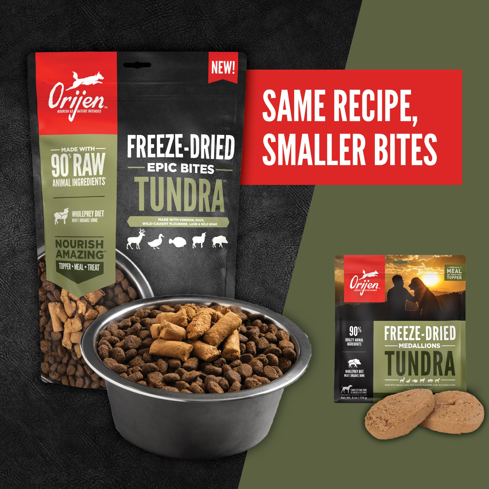 ORIJEN Epic Bites Tundra, sabor venado para perros activos.
