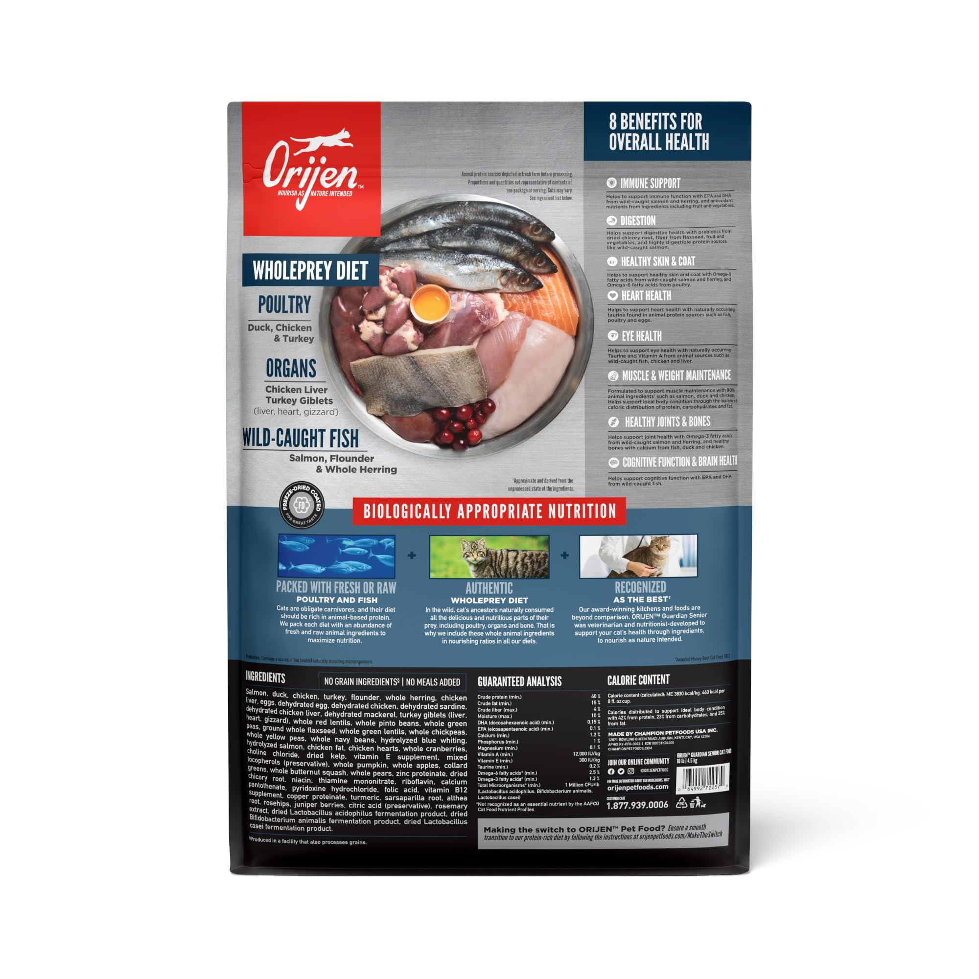 ORIJEN Guardian Senior-kibble-seco: croquetas de alta proteína para gatos mayores.